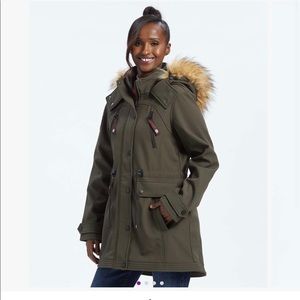 Olive womens waterproof jacket with Faux Fur lined hood
